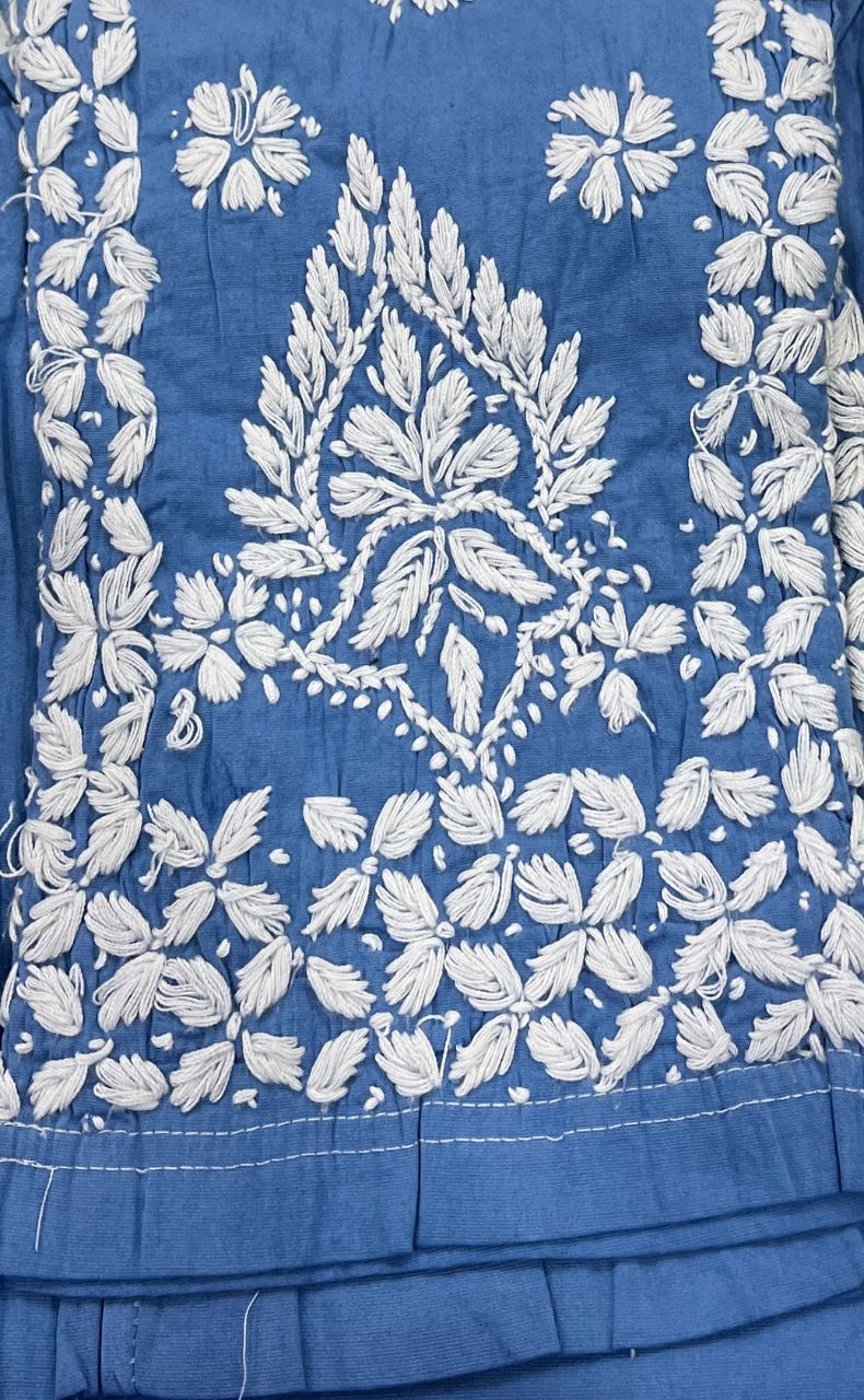 White/Blue Chikankari Short Kurti/Pant Co-Ord Set . Versatile Cotton Fabric. | Laces and Frills - Laces and Frills