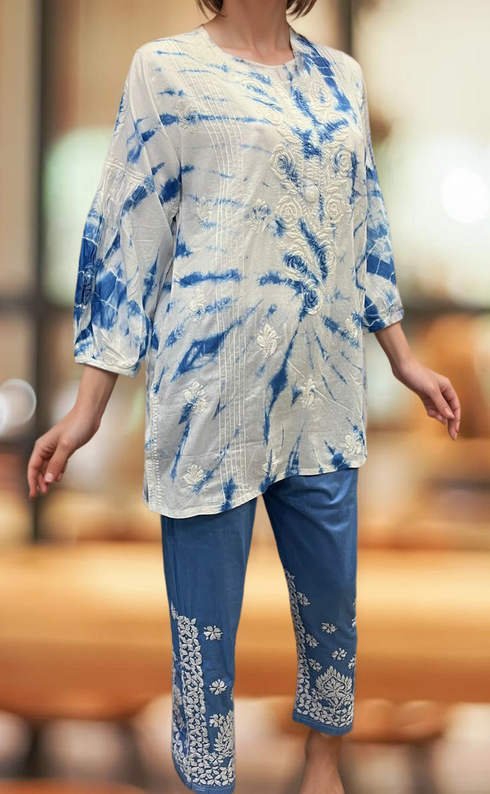 White/Blue Chikankari Short Kurti/Pant Co-Ord Set . Versatile Cotton Fabric. | Laces and Frills - Laces and Frills