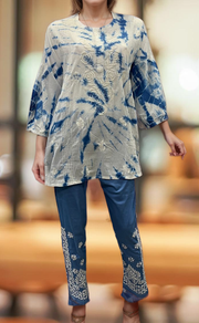 White/Blue Chikankari Short Kurti/Pant Co-Ord Set . Versatile Cotton Fabric. | Laces and Frills - Laces and Frills