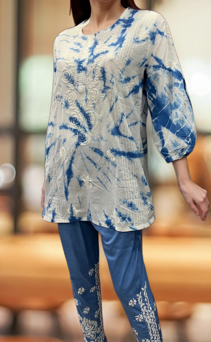 White/Blue Chikankari Short Kurti/Pant Co-Ord Set . Versatile Cotton Fabric. | Laces and Frills - Laces and Frills