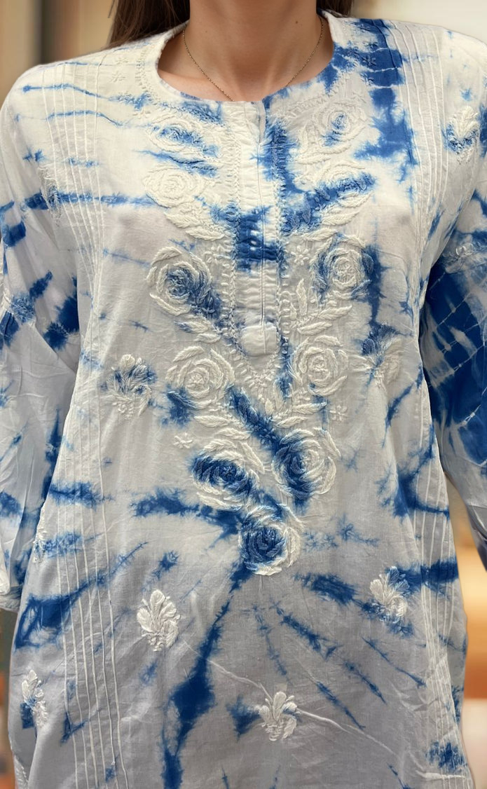 White/Blue Chikankari Short Kurti/Pant Co-Ord Set . Versatile Cotton Fabric. | Laces and Frills - Laces and Frills