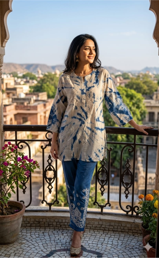 White/Blue Chikankari Short Kurti/Pant Co-Ord Set . Versatile Cotton Fabric. | Laces and Frills - Laces and Frills