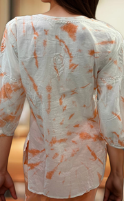 White/Orange Chikankari Short Kurti/Pant Co-Ord Set . Versatile Cotton Fabric. | Laces and Frills - Laces and Frills