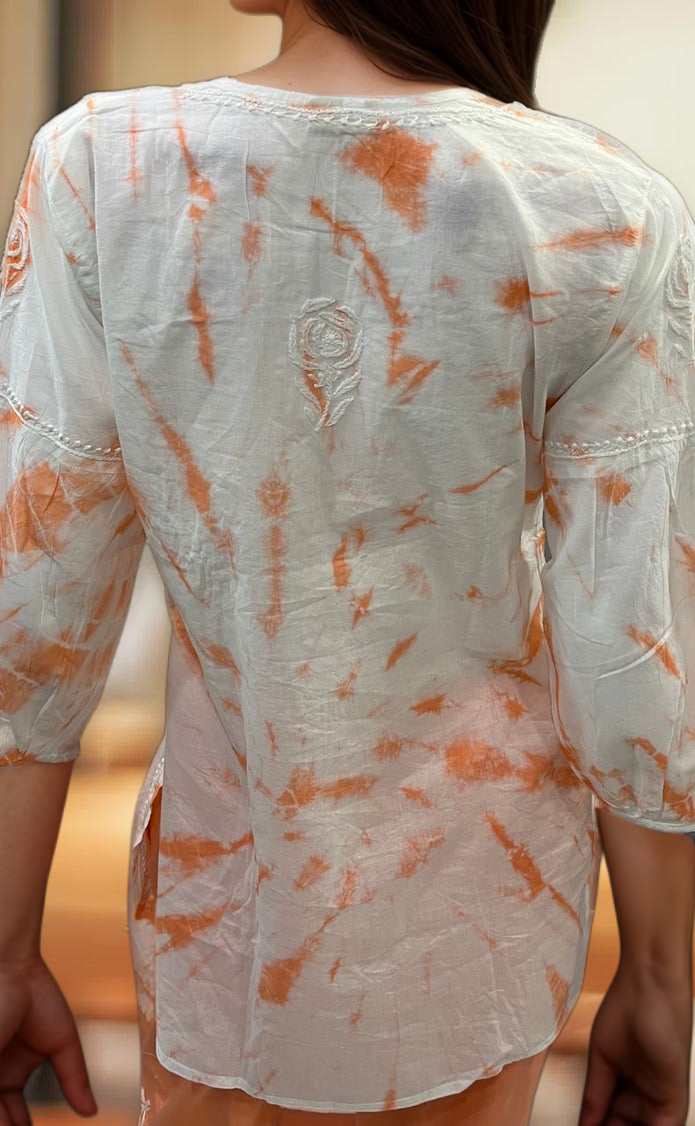 White/Orange Chikankari Short Kurti/Pant Co-Ord Set . Versatile Cotton Fabric. | Laces and Frills - Laces and Frills