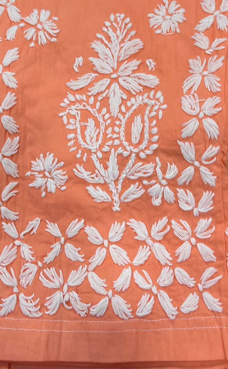 White/Orange Chikankari Short Kurti/Pant Co-Ord Set . Versatile Cotton Fabric. | Laces and Frills - Laces and Frills