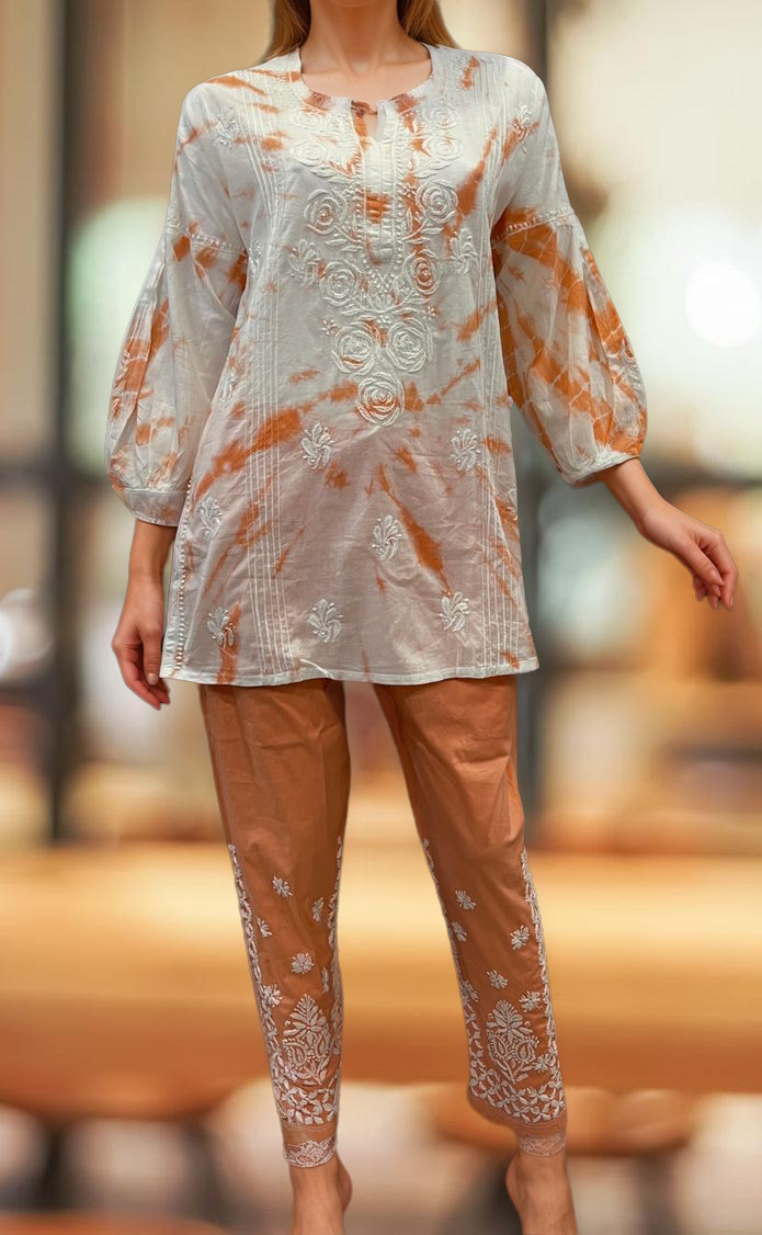 White/Orange Chikankari Short Kurti/Pant Co-Ord Set . Versatile Cotton Fabric. | Laces and Frills - Laces and Frills