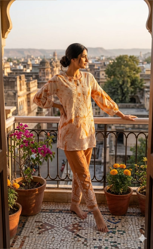 White/Orange Chikankari Short Kurti/Pant Co-Ord Set . Versatile Cotton Fabric. | Laces and Frills - Laces and Frills