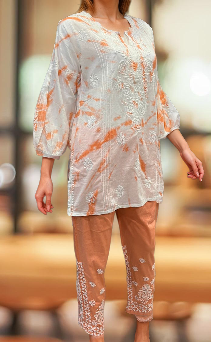 White/Orange Chikankari Short Kurti/Pant Co-Ord Set . Versatile Cotton Fabric. | Laces and Frills - Laces and Frills