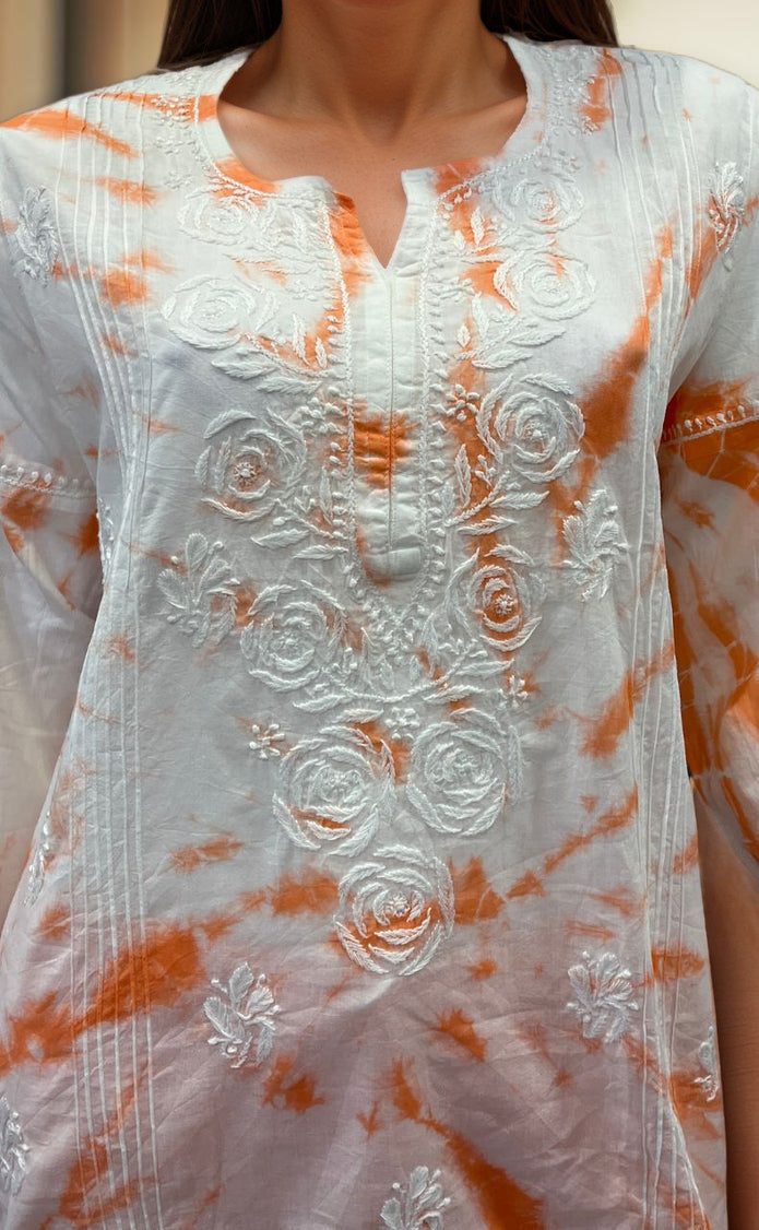 White/Orange Chikankari Short Kurti/Pant Co-Ord Set . Versatile Cotton Fabric. | Laces and Frills - Laces and Frills