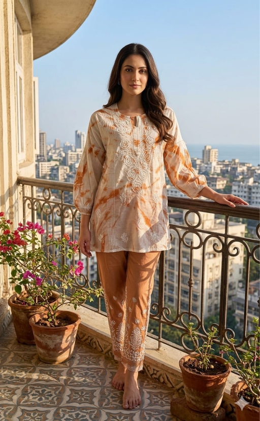 White/Orange Chikankari Short Kurti/Pant Co-Ord Set . Versatile Cotton Fabric. | Laces and Frills - Laces and Frills