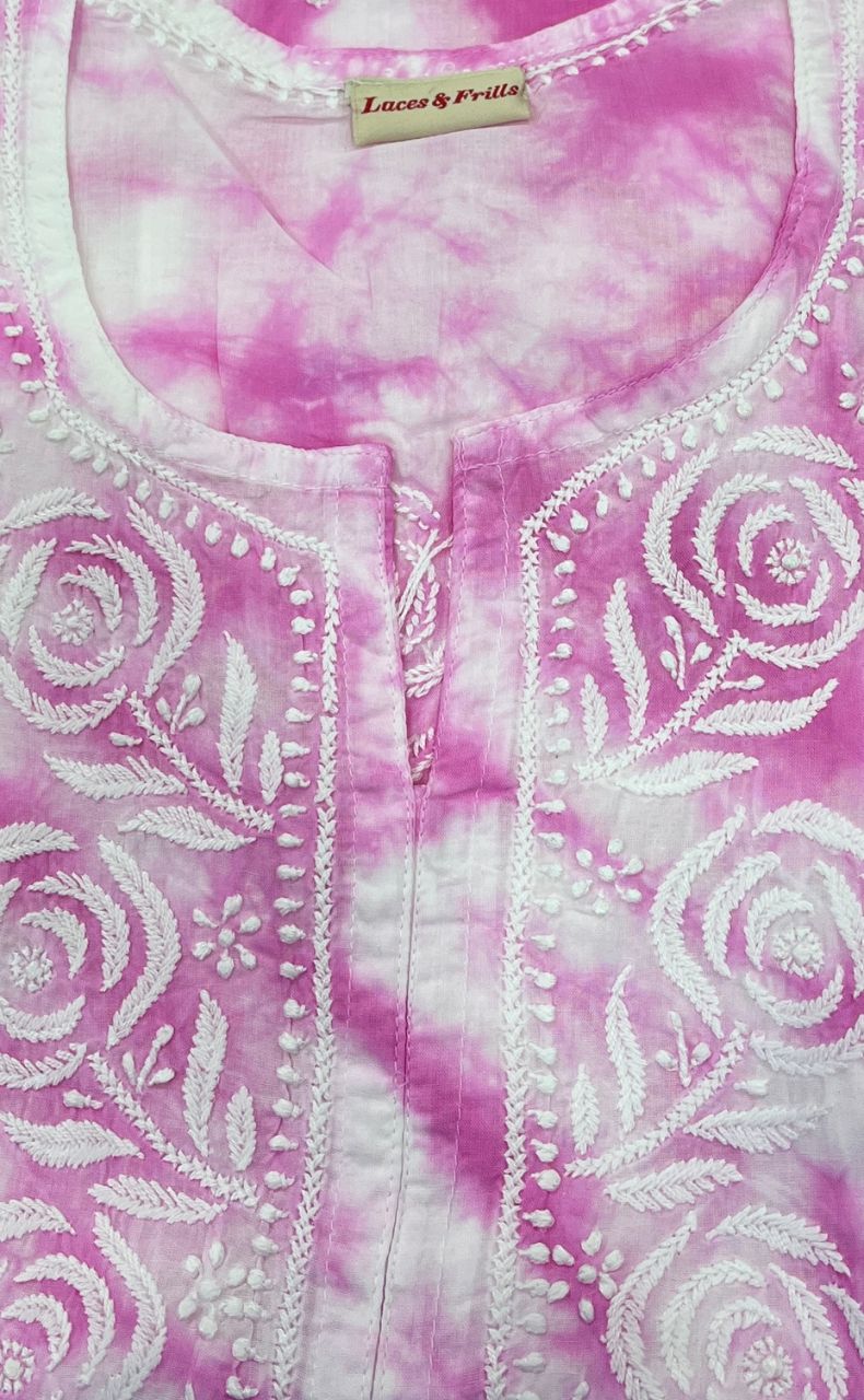 White/Pink Chikankari Short Kurti/Pant Co-Ord Set . Versatile Cotton Fabric. | Laces and Frills - Laces and Frills