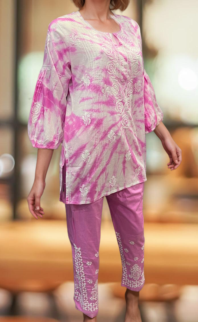 White/Pink Chikankari Short Kurti/Pant Co-Ord Set . Versatile Cotton Fabric. | Laces and Frills - Laces and Frills