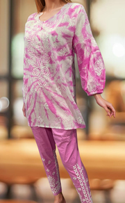 White/Pink Chikankari Short Kurti/Pant Co-Ord Set . Versatile Cotton Fabric. | Laces and Frills - Laces and Frills