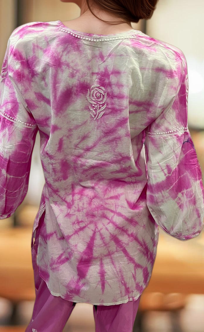 White/Pink Chikankari Short Kurti/Pant Co-Ord Set . Versatile Cotton Fabric. | Laces and Frills - Laces and Frills