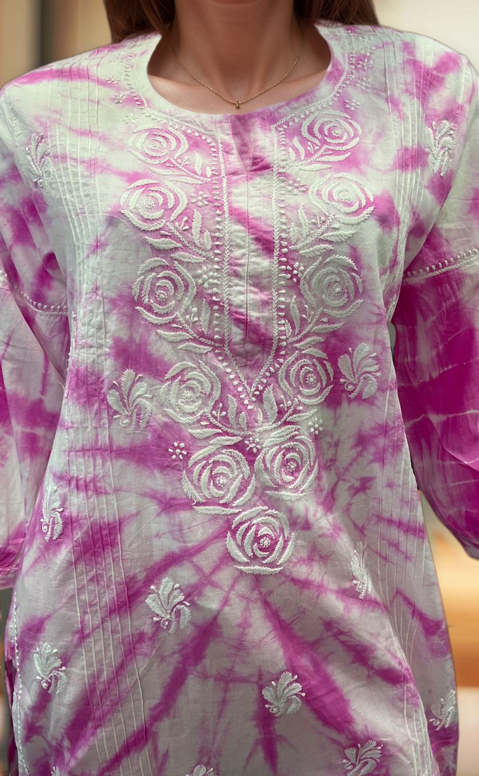 White/Pink Chikankari Short Kurti/Pant Co-Ord Set . Versatile Cotton Fabric. | Laces and Frills - Laces and Frills