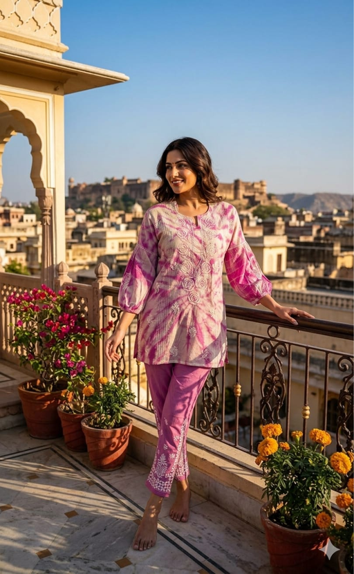 White/Pink Chikankari Short Kurti/Pant Co-Ord Set . Versatile Cotton Fabric. | Laces and Frills - Laces and Frills