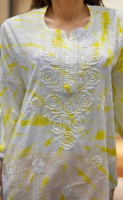 White/Yellow Chikankari Short Kurti/Pant Co-Ord Set . Versatile Cotton Fabric. | Laces and Frills - Laces and Frills