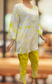 White/Yellow Chikankari Short Kurti/Pant Co-Ord Set . Versatile Cotton Fabric. | Laces and Frills - Laces and Frills