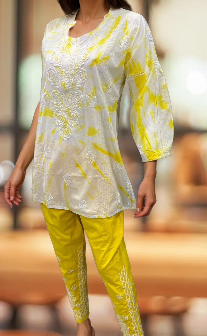 White/Yellow Chikankari Short Kurti/Pant Co-Ord Set . Versatile Cotton Fabric. | Laces and Frills - Laces and Frills