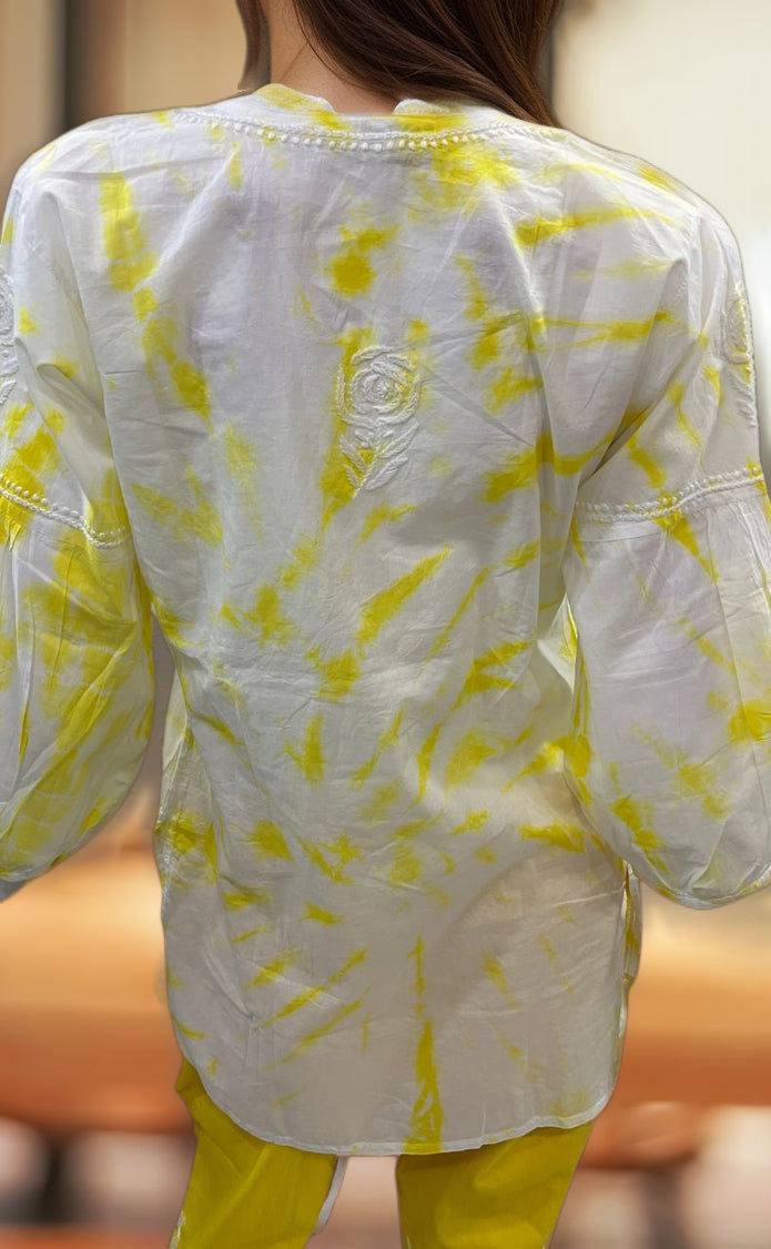 White/Yellow Chikankari Short Kurti/Pant Co-Ord Set . Versatile Cotton Fabric. | Laces and Frills - Laces and Frills