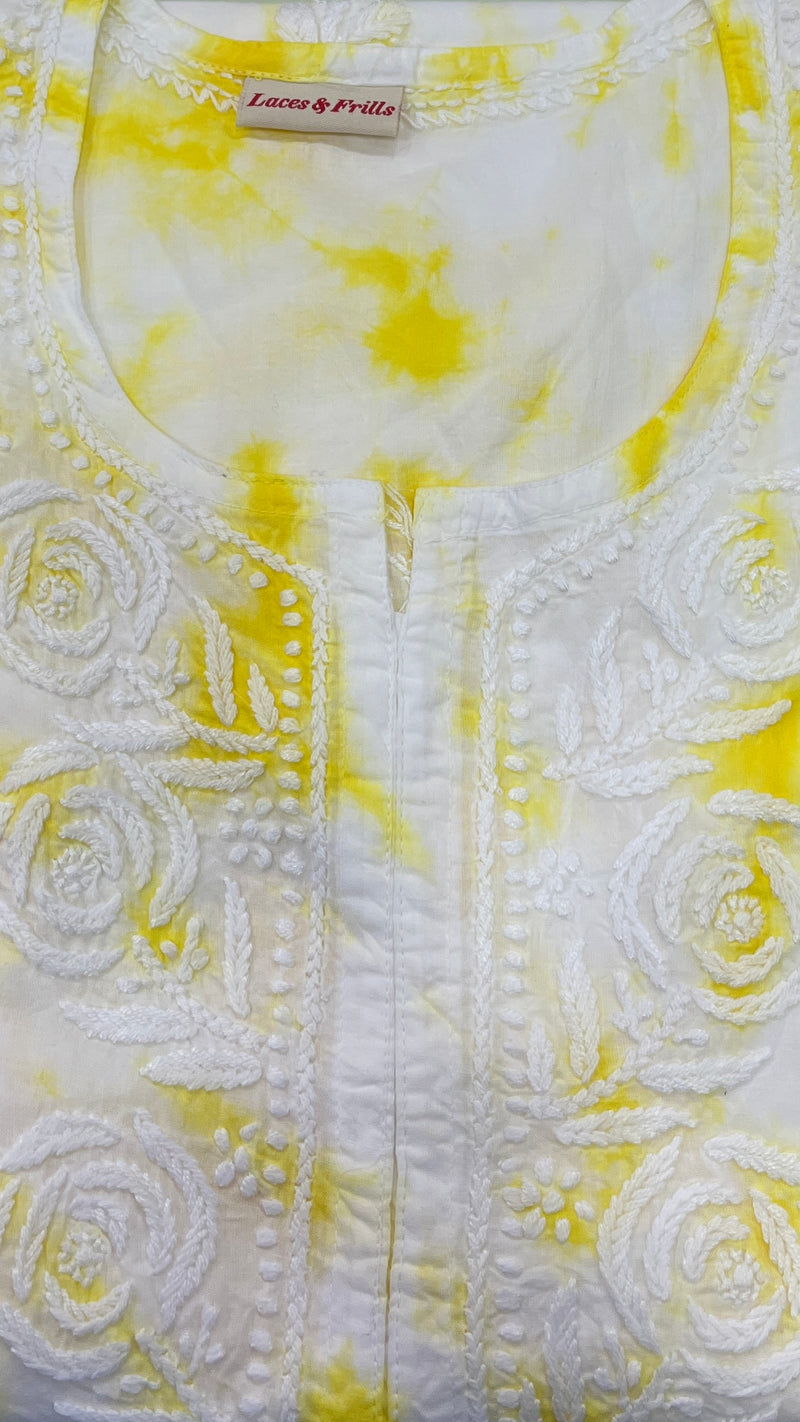 White/Yellow Chikankari Short Kurti/Pant Co-Ord Set . Versatile Cotton Fabric. | Laces and Frills - Laces and Frills