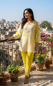 White/Yellow Chikankari Short Kurti/Pant Co-Ord Set . Versatile Cotton Fabric. | Laces and Frills - Laces and Frills