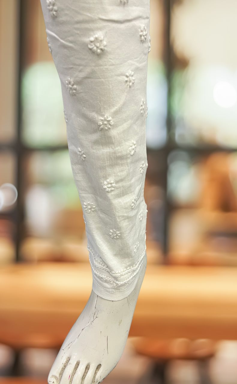White Chikankari Straight Pants . Stretchable Cotton Lycra Fabric | Laces and Frills - Laces and Frills