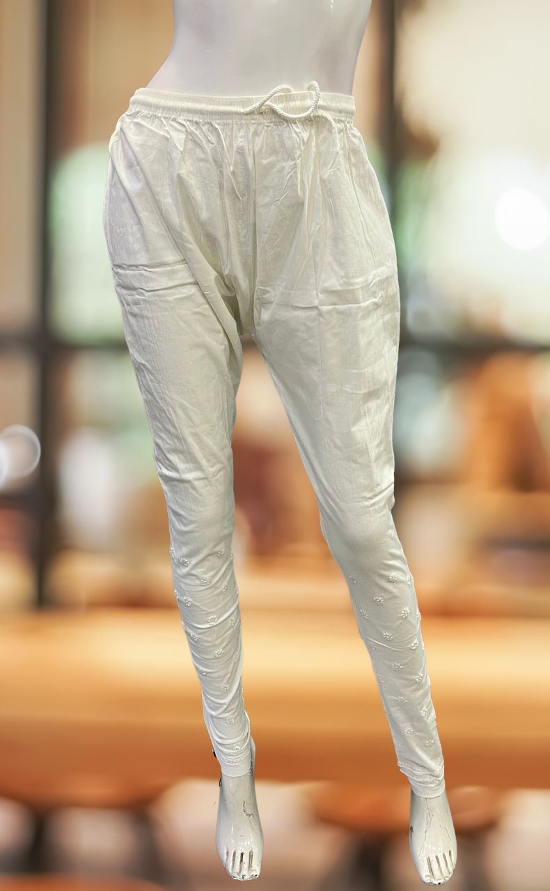 Buy White Frill Lucknowi Chikankari Stretchable Cotton Pant Online at Kiko  Clothing