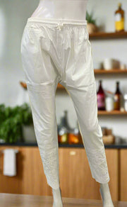 White Chikankari Straight Pants . Stretchable Cotton Lycra Fabric | Laces and Frills - Laces and Frills