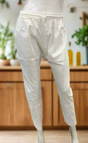 White Chikankari Straight Pants . Stretchable Cotton Lycra Fabric | Laces and Frills - Laces and Frills