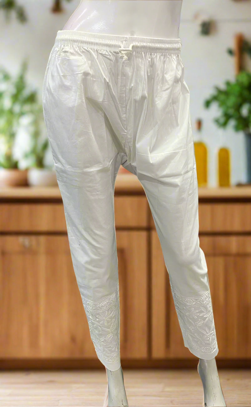White Chikankari Straight Pants . Stretchable Cotton Lycra Fabric | Laces and Frills - Laces and Frills
