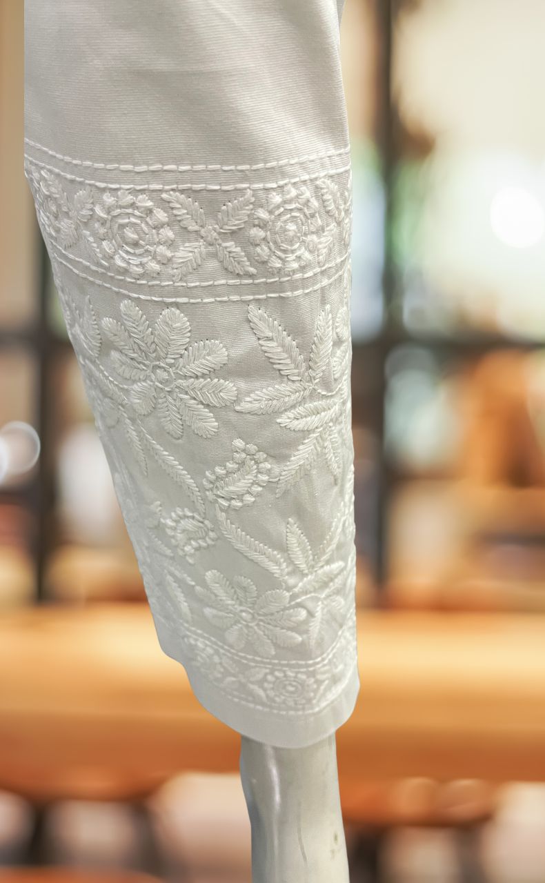White Chikankari Straight Pants . Stretchable Cotton Lycra Fabric | Laces and Frills - Laces and Frills