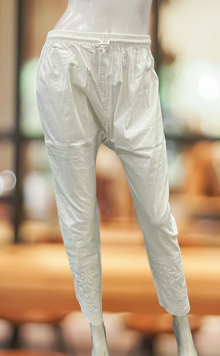 White Chikankari Straight Pants . Stretchable Cotton Lycra Fabric