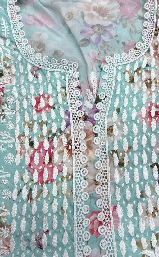 Sea Green Crepe Lucknowi Chikankari Embroidery Kurti.  Elegant Crepe Fabric. | Laces and Frills - Laces and Frills