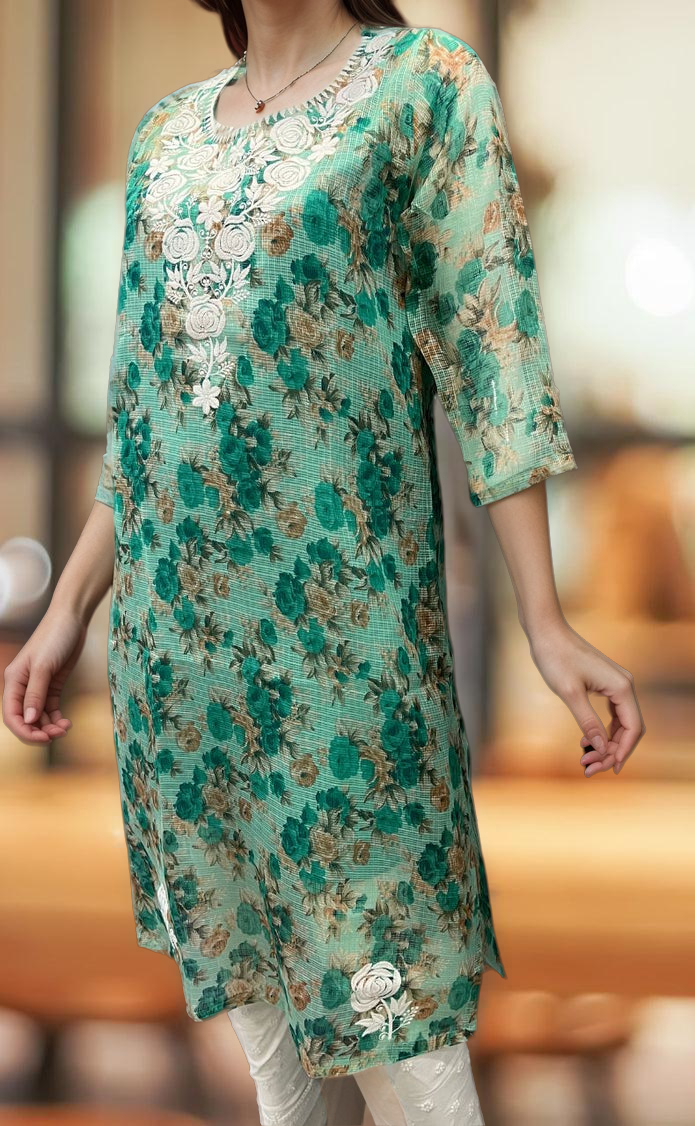 Green Chikankari Kurti. Kota Doria Fabric. | Laces and Frills - Laces and Frills