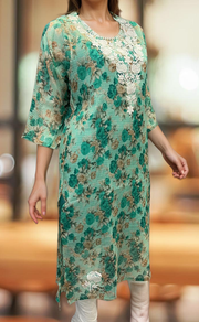 Green Chikankari Kurti. Kota Doria Fabric. | Laces and Frills - Laces and Frills
