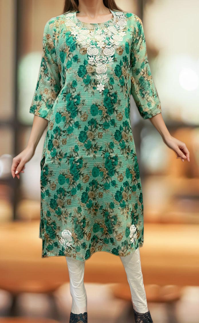 Green Chikankari Kurti. Kota Doria Fabric. | Laces and Frills - Laces and Frills