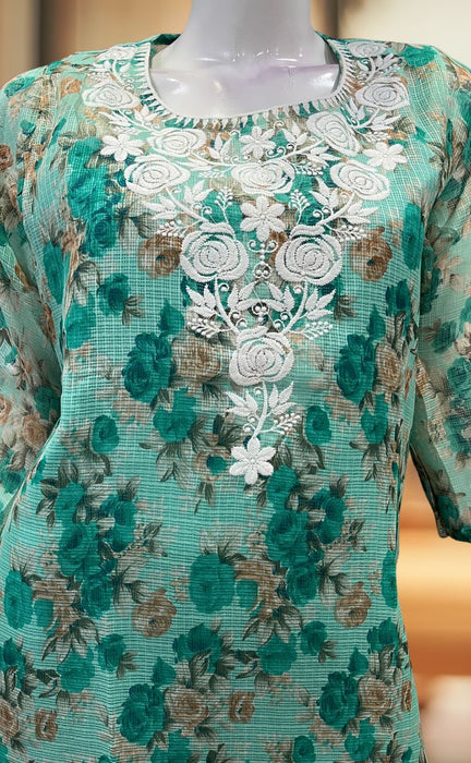 Green Chikankari Kurti. Kota Doria Fabric. | Laces and Frills - Laces and Frills