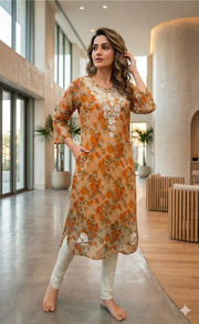 Orange Chikankari Kurti. Kota Doria Fabric. | Laces and Frills - Laces and Frills
