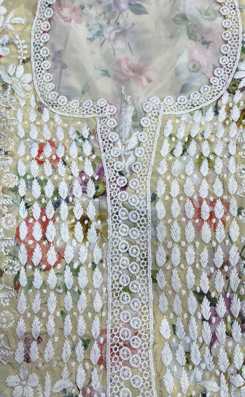 Yellow Crepe Lucknowi Chikankari Embroidery Kurti.  Elegant Crepe Fabric. | Laces and Frills - Laces and Frills