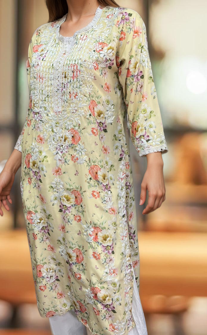 Yellow Crepe Lucknowi Chikankari Embroidery Kurti.  Elegant Crepe Fabric. | Laces and Frills - Laces and Frills