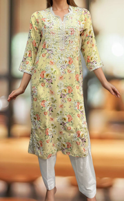 Yellow Crepe Lucknowi Chikankari Embroidery Kurti.  Elegant Crepe Fabric. | Laces and Frills - Laces and Frills
