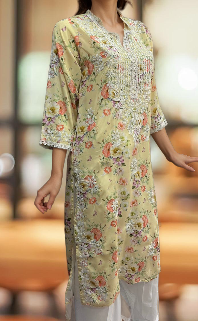 Yellow Crepe Lucknowi Chikankari Embroidery Kurti.  Elegant Crepe Fabric. | Laces and Frills - Laces and Frills