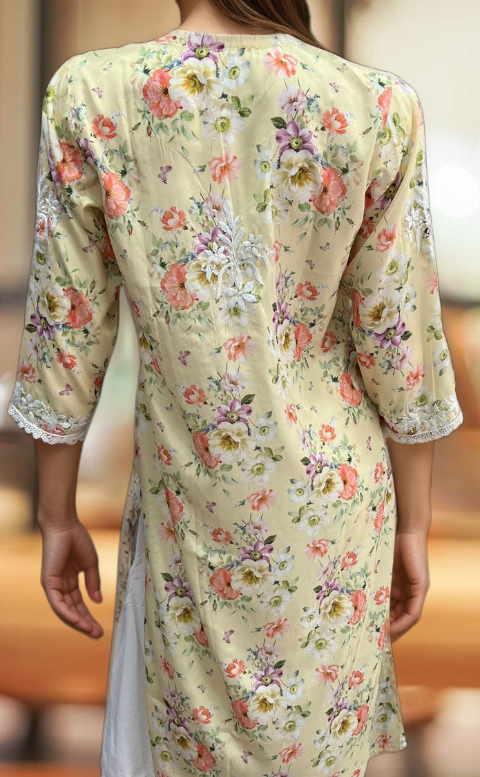 Yellow Crepe Lucknowi Chikankari Embroidery Kurti.  Elegant Crepe Fabric. | Laces and Frills - Laces and Frills