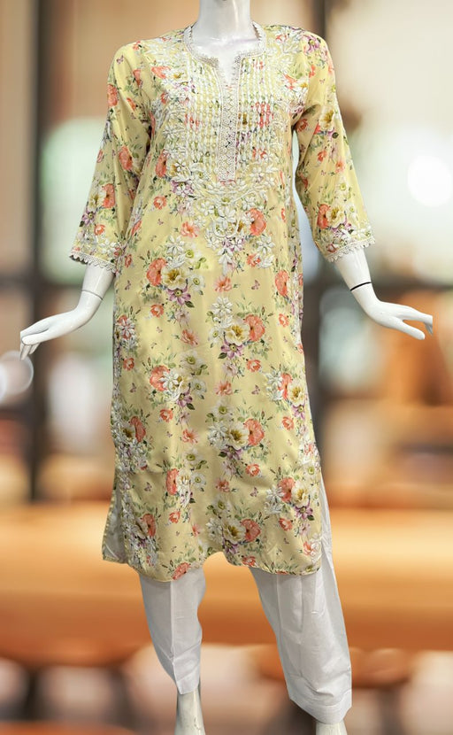 Yellow Crepe Lucknowi Chikankari Embroidery Kurti.  Elegant Crepe Fabric. | Laces and Frills - Laces and Frills