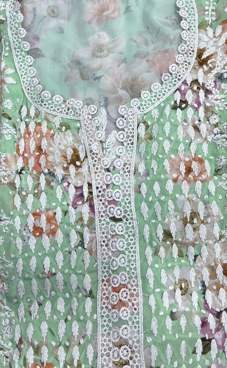 Green Crepe Lucknowi Chikankari Embroidery Kurti.  Elegant Crepe Fabric. | Laces and Frills - Laces and Frills