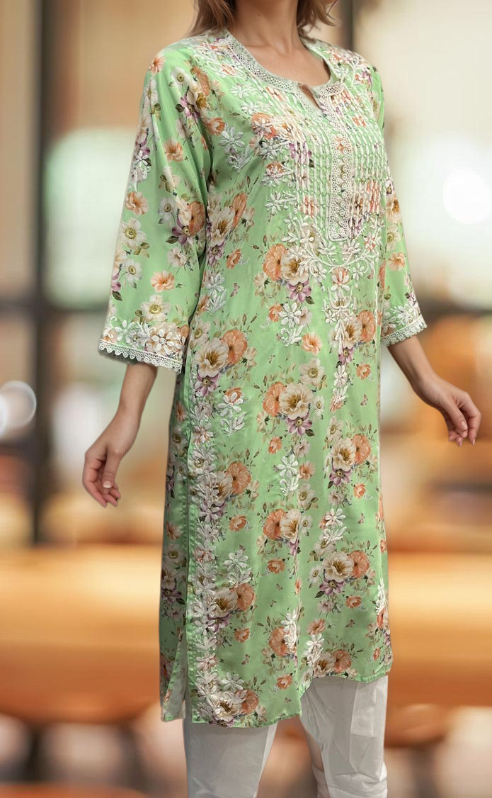 Green Crepe Lucknowi Chikankari Embroidery Kurti.  Elegant Crepe Fabric. | Laces and Frills - Laces and Frills
