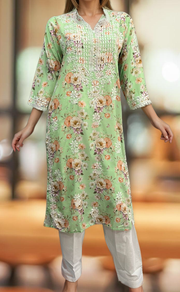 Green Crepe Lucknowi Chikankari Embroidery Kurti.  Elegant Crepe Fabric. | Laces and Frills - Laces and Frills