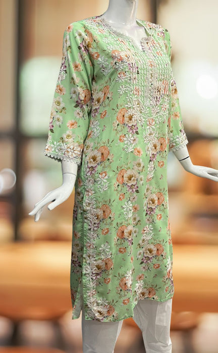 Green Crepe Lucknowi Chikankari Embroidery Kurti.  Elegant Crepe Fabric. | Laces and Frills - Laces and Frills