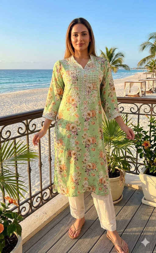 Green Crepe Lucknowi Chikankari Embroidery Kurti.  Elegant Crepe Fabric. | Laces and Frills - Laces and Frills